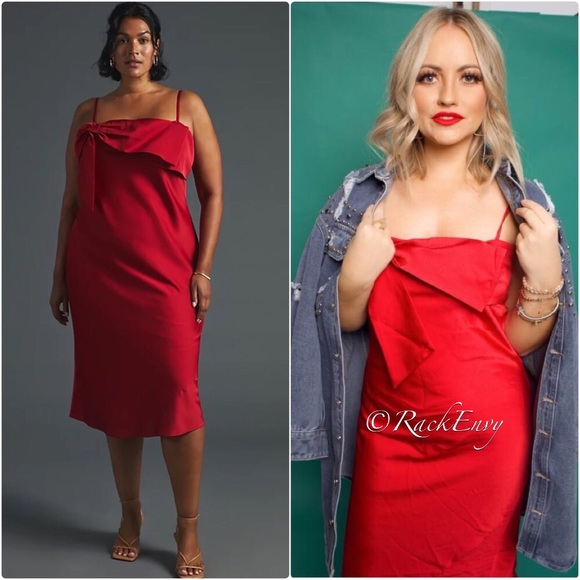 NWT ANTHROPOLOGIE BOW FRONT SLIP MIDI DRESS IN RED - Picture 9 of 10